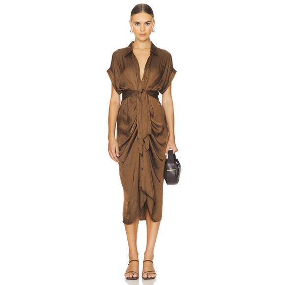 Revolve Steve Madden Tori Midi satin Dress Sienna Brown Ruched size 8  $99 - Picture 1 of 12